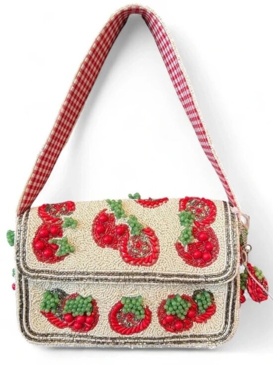 Handmade in India Handbags - Viral beaded tomato flower red green bag purse Handcrafted in India